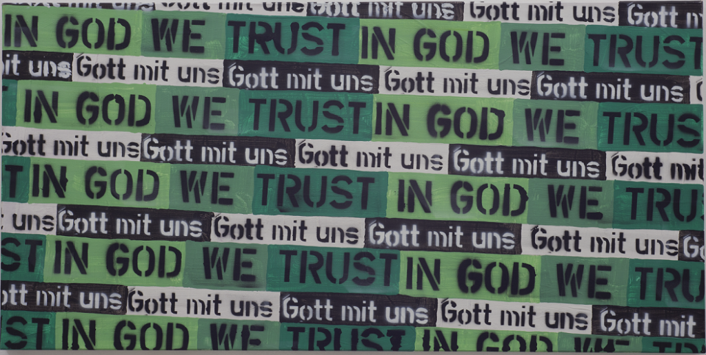 (In God We Trust…),  akryl na płótnie, 49,5 x 100 cm, 2016