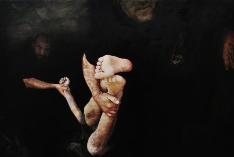 Rescuers in quana, july 2006, print and oil on canvas, 2010, 54 x 36 cm