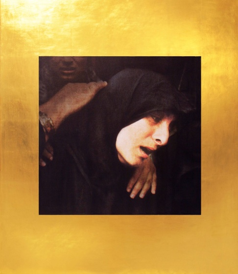 Bez tytułu, płyta drewniana, wydruk i olej na płótnie, złoto, 2007, 109 x 109 x 7,5 cm