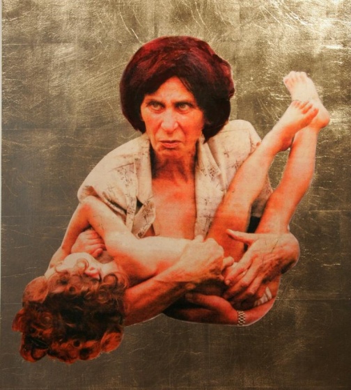 Bez tytułu, płyta drewniana, wydruk i olej na płótnie, złoto, 2007, 114 x 109 x 7,5 cm
