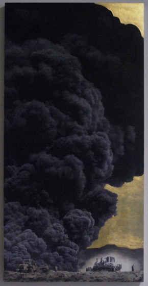 Bez tytułu, płyta drewniana, wydruk i olej na płótnie, złoto, 2007, 122 x 61 x 7,5 cm