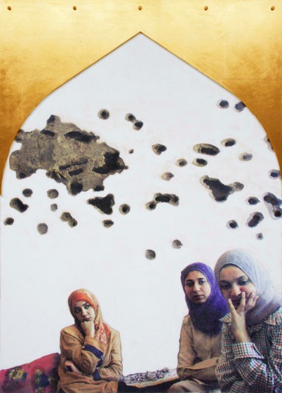 Unititled, wooden panel, digital print, gold leaf, and oil paint on canvas, 2007, 152, 5 x 114 x 7,5 cm