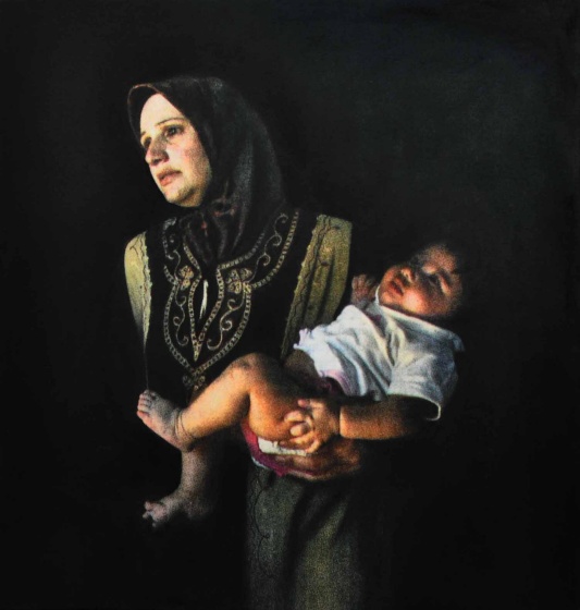 Refugee in remeish, july 2006, print and oil on canvas, 2010, 36 x 35 cm