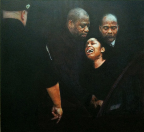 Woman overcome by emotion in mattapan, 2010, digital print and oil on canvas, 2010, 35.5 x 33 cm