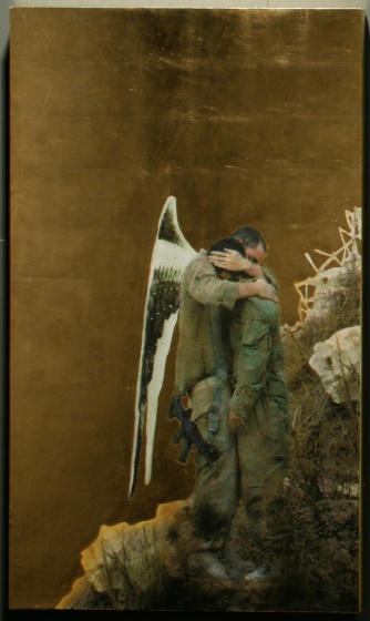 Bez tytułu, płyta drewniana, wydruk i olej na płótnie, złoto, 2007, 152 x 89 x 7,5 cm