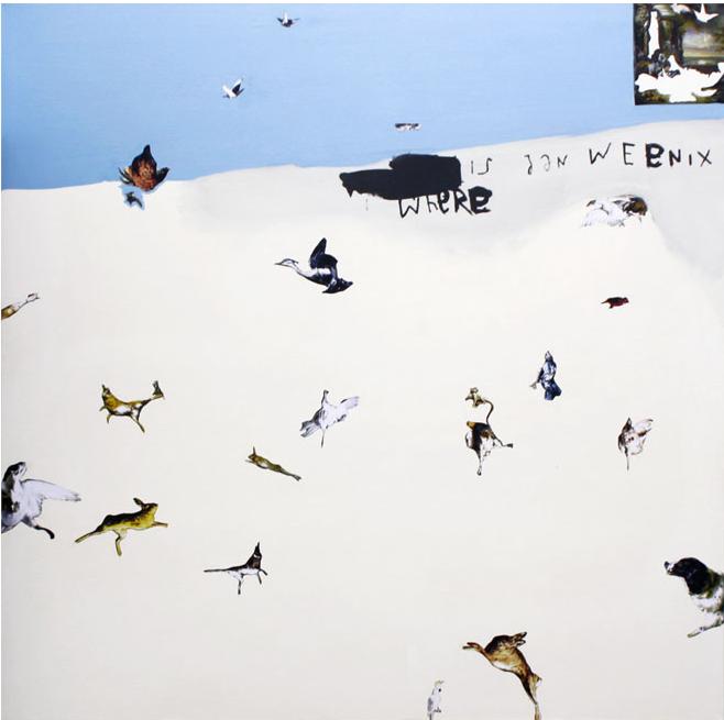 Where is jan weenix, oil and collage on canvas, 140 x 140 cm, 2009