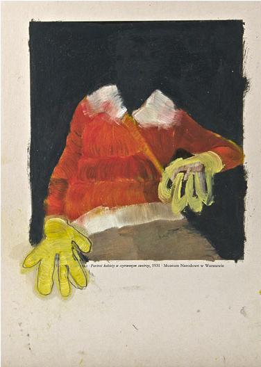 Portrait of woman in red sweater, collage on wood, 28 x 20 cm, 2012